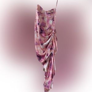 Wedding guest dress -Lilac Tie Die Print Satin Ruched midi dress